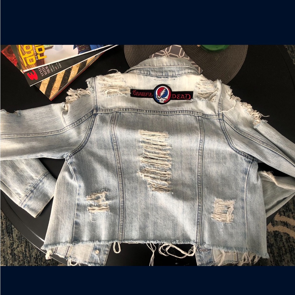 Distressed Denim Jacket with Grateful Dead Patches - Picture 2 of 2